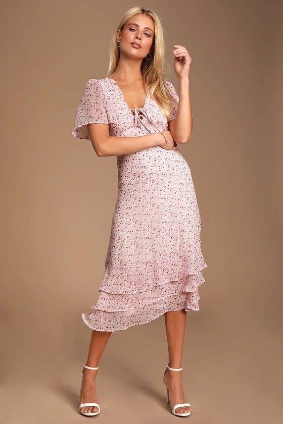 Renee Blush Pink Floral Print Ruffled Lace-Up Midi Dress