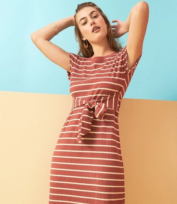 Stripe Ribbed Belted Midi Dress | LOFT