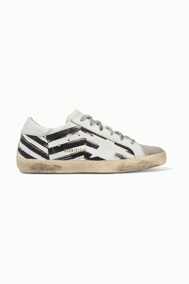 Superstar distressed printed leather and suede sneakers
