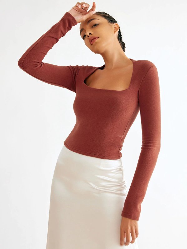 Eco-Mousse® Brushed Tapered Square Neck Long Sleeve Top