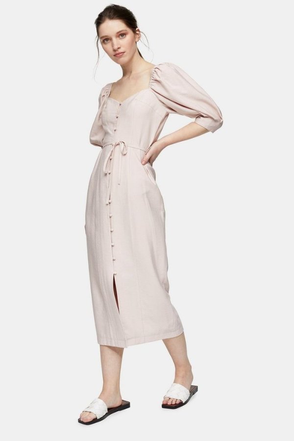 Blush Pink Linen Blend Puff Sleeve Midi Dress