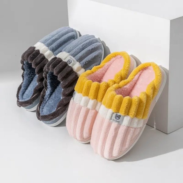 Cartoon Bear Striped Slippers For Men Women, Warm Plush Comfortable Slide Slippers For Indoor Bedroom, Color Block House Shoes For Autumn & Winter | Save Money On Temu | Temu