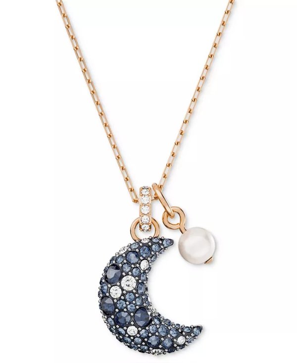 Rose Gold-Tone Crystal Moon & Imitation Pearl Pendant Necklace, 15-3/4" + 2-3/4" extender