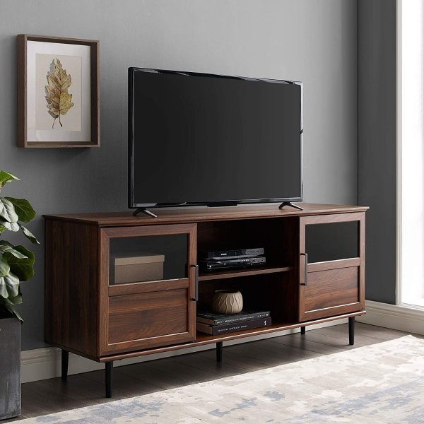 Modern Farmhouse Wood and Glass TV Stand with 2 Cabinet Doors for TV's up to 65" Flat Screen Universal TV Console Living Room Storage Shelves Entertainment Center, 58 Inch, Dark Walnut