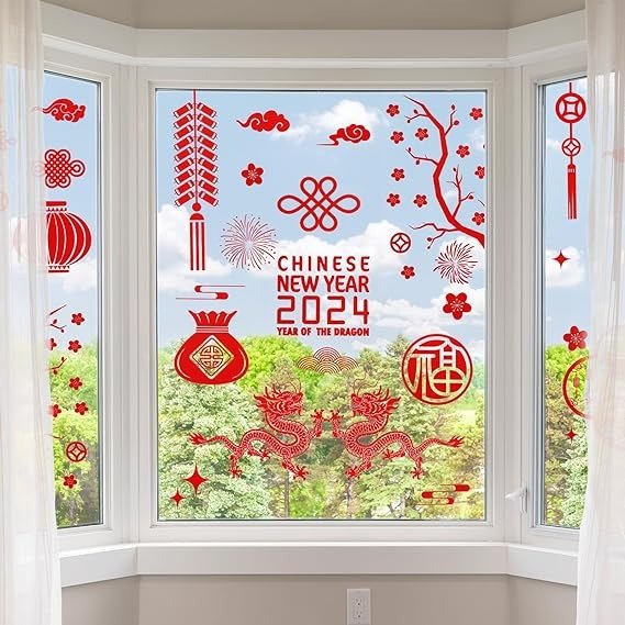 9 Sheets Chinese New Year Window Clings Removable Lunar New Year Stickers Ornaments Red Paper-Cut Flowers Lantern Clings Chinese Fu Character Wall Decals for Spring Festival(Classic Dragon)