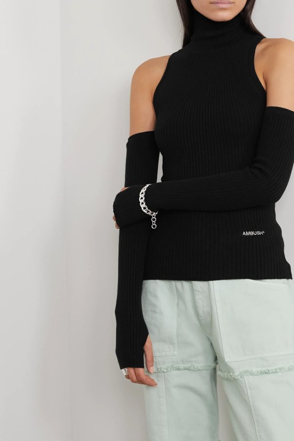 Cold-shoulder embroidered ribbed-knit turtleneck sweater