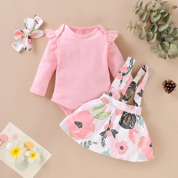 3-piece Baby / Toddler Solid Top, Floral Suspender Skirt and Headband