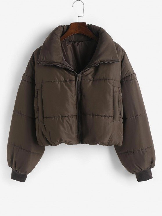 Zip Up Solid Puffer Padded Coat DEEP COFFEE