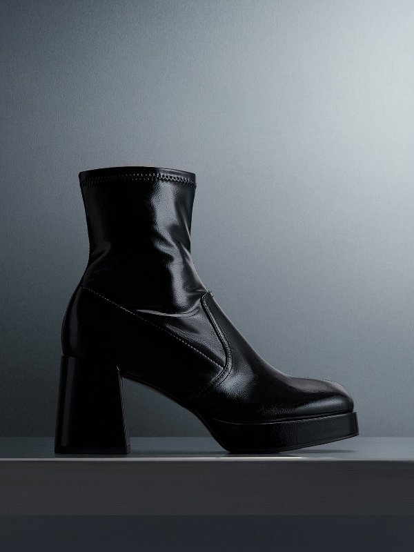Patent Crinkle-Effect Block-Heel Boots - Black Patent