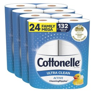 Cottonelle Ultra CleanCare Soft Toilet Paper with Active Cleaning Ripples, 24 Family Mega Rolls