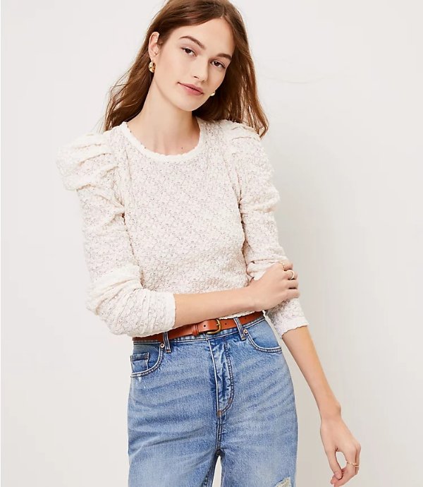 Petite Floral Lace Pleated Puff Sleeve Top | LOFT