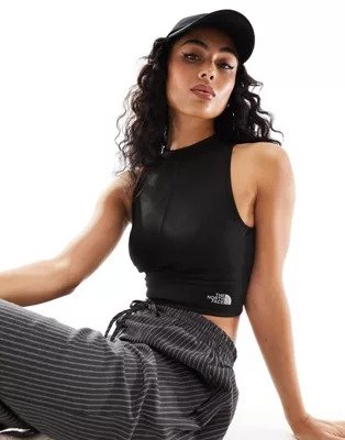 Piping ribbed cropped tank top in black