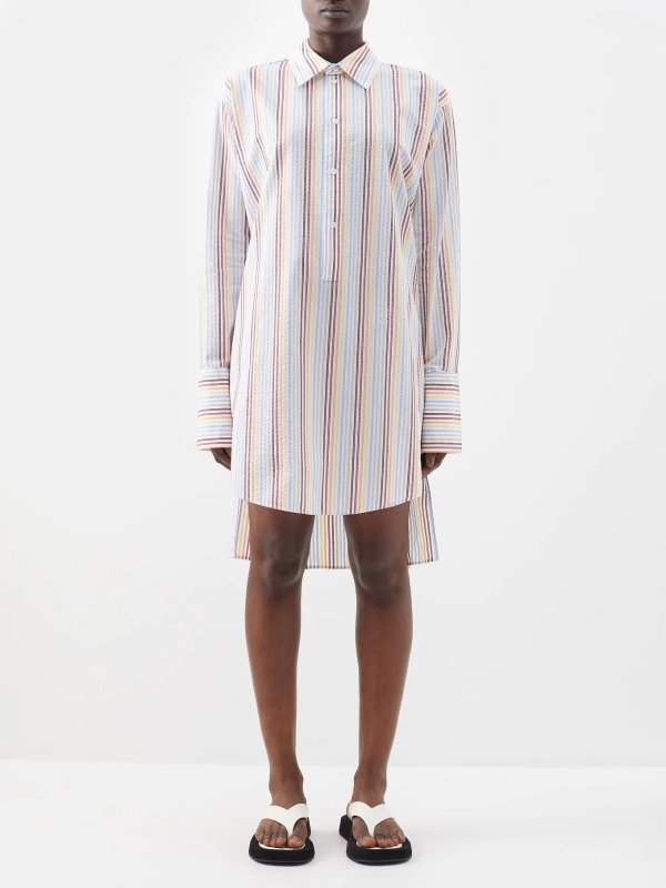 Striped cotton-blend seersucker shirt dress