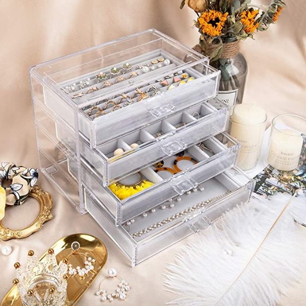 Acrylic Jewelry Box with 4 Drawers, Velvet Jewelry Organizer for Earring Necklace Ring & Bracelet, Clear Jewelry Display Storage Case for Woman, Grey
