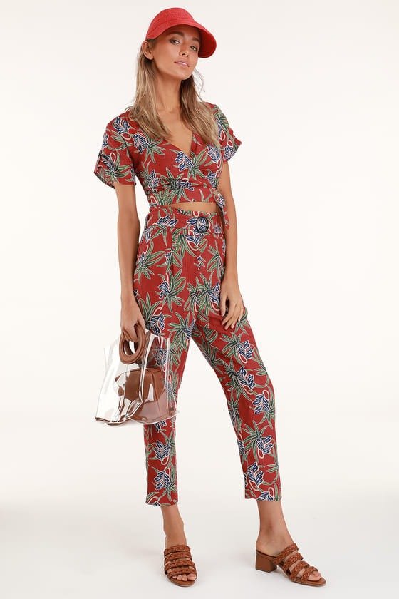 Cyrus Red Floral Print Belted Trouser Pants