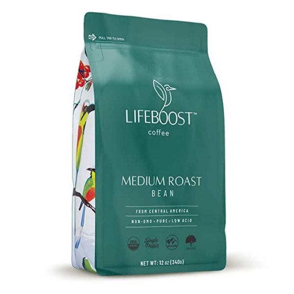 Lifeboost Coffee Whole Bean Medium Roast Coffee - Low Acid Single Origin USDA Organic Coffee - Non-GMO Whole Beans Coffee Third Party Tested For Mycotoxins & Pesticides - 12 Ounces