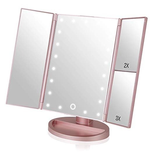 Vanity Makeup 2X 3X Magnifiers 21 LED Lights Tri-Fold 180 Degree Adjustable Countertop Cosmetic Bathroom Mirror Rose Gold