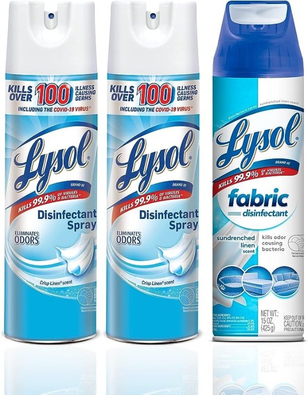 Disinfectant Spray + Fabric Disinfectant, Sanitizing and Antibacterial Spray, For Disinfecting and Deodorizing, Crisp Linen + Sundrenched Linen, 2 count (19 oz each) + 1 count (15 oz)