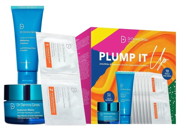 Plump It Up Kit: 3 Piece Dry Skin Essentials Set: Includes Hyaluronic Marine Moisture Cushion, Universal Daily Peel 10 App, Hyaluronic Marine Meltaway Cleanser