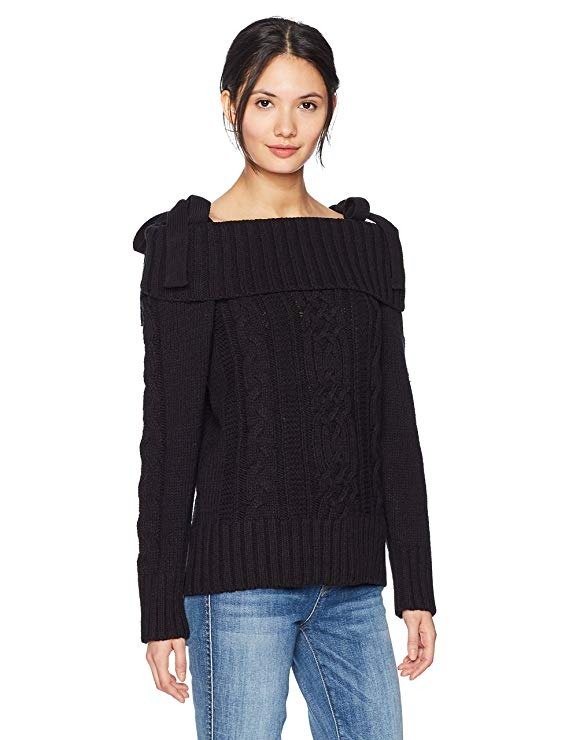 JOA Women's Off The Shoulder Cable Sweater with Tie