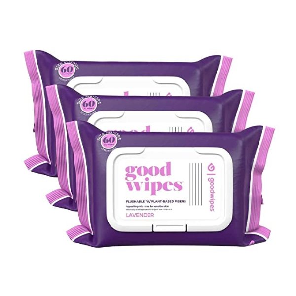 Goodwipes Flushable Butt Wipes Made w/ Soothing Botanicals & Aloe – Soft & Gentle Wet Wipe Dispenser for Home Use, Septic & Sewer Safe – Largest Adult Toilet Wipes – Lavender, 180 count (3 packs)