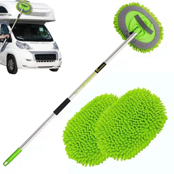 62" Car Wash Brush Kit With Long Handle, Scratch Free Mop Cleaning Mitt Suitable For Washing Cars Truck SUV RV Caravans And Household (2 X Mop Head)