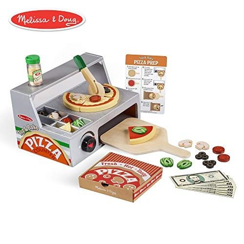 Top and Bake Wooden Pizza Counter Play Food Set (Pretend Play, Helps Support Cognitive Development, 34 Pieces, 7.75" H x 9.25" W x 13.25" L)