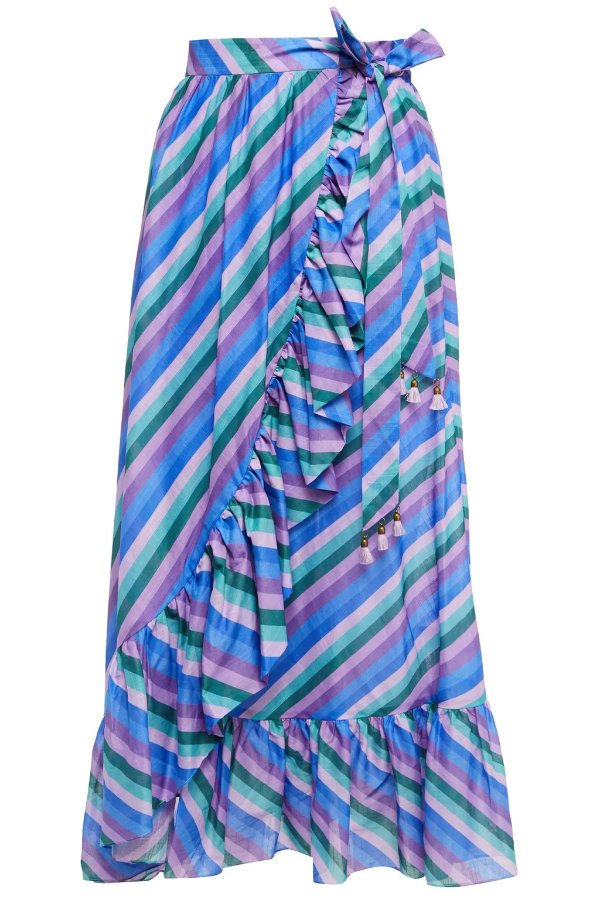 Poppy ruffled striped cotton midi wrap skirt