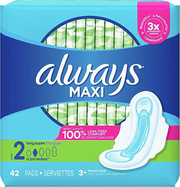 Maxi Pads Size 2 Long Super Absorbency Unscented with Wings, 42 Count