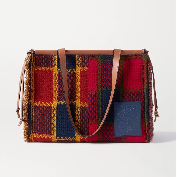 Cushion leather-trimmed frayed checked tweed tote