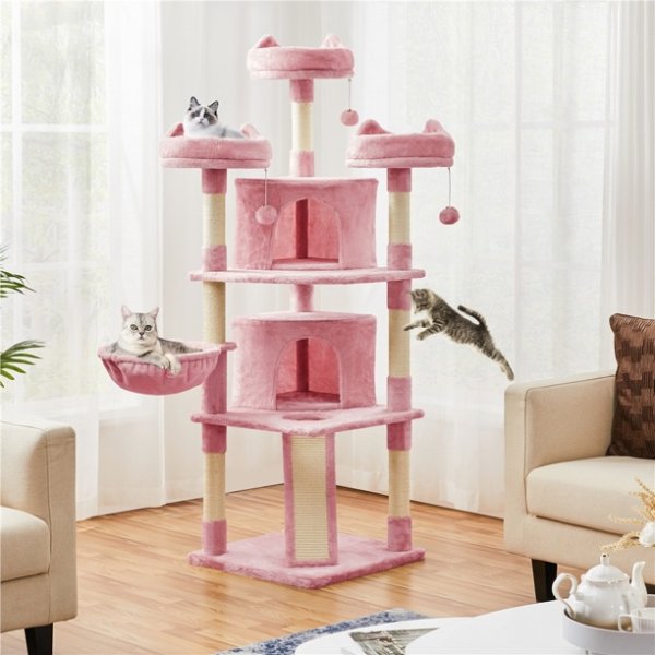 69'' Cat Tree Cat Tower with Caves Condos & Scratching Posts, Pink