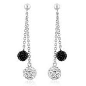 Sterling Silver Black and White Crystal Glitter Ball Dangle Earrings