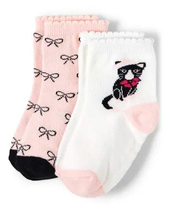 Girls Cat And Bow Print Midi Socks 2-Pack - Puuurfect In Paris