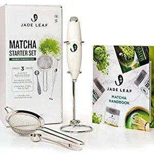 Leaf Modern Matcha Starter Set - Electric Whisk Frother, Stainless Steel Spoon, Stainless Steel Sifter, Printed Handbook