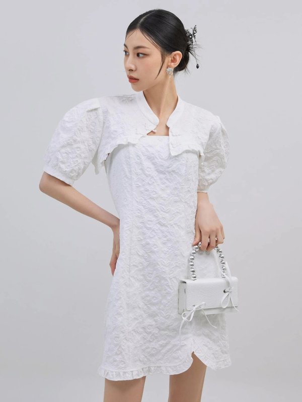 DAZY Floral Textured Mandarin Collar Puff Sleeve Super Crop Top & Dress