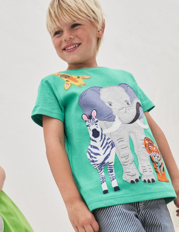 Front & Back Applique T-shirt - Green Pepper Safari Animals | Boden US