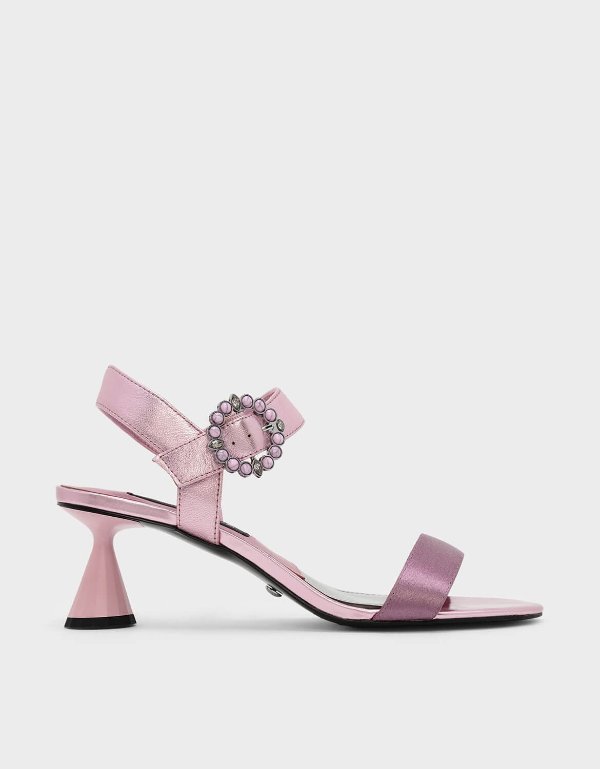 Pink Embellished Buckle Leather Sandals | CHARLES & KEITH