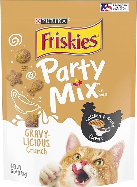 Friskies Made in USA Facilities Cat Treats, Party Mix Crunch Gravylicious Chicken & Gravy Flavors - (6) 6 oz. Pouches
