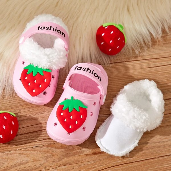 Strawberry Decorated Plush Hole Shoes for Toddlers / Kids