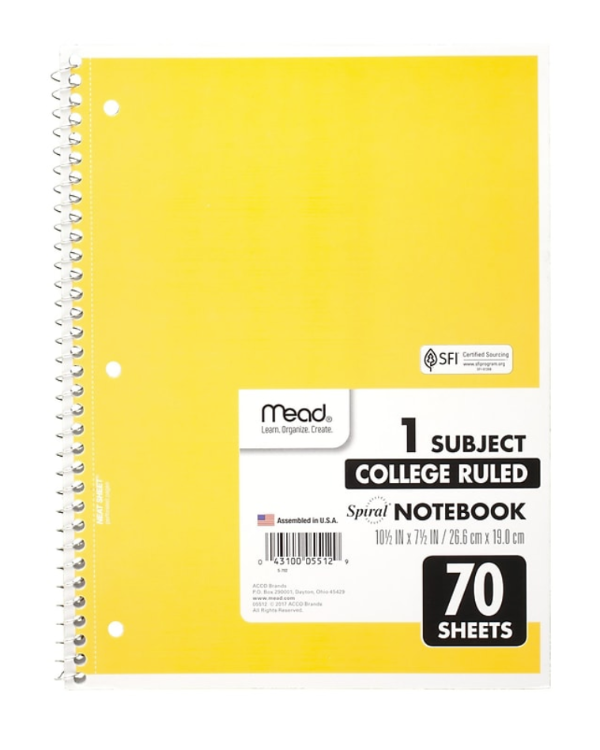 Spiral 1-Subject Notebook, 8" x 10.5",70 Sheets