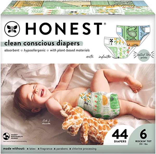 The Honest Company Clean Conscious Diapers | Plant-Based, Sustainable | Color Me Paisley + Grow Together | Club Box, Size 6 (35+ lbs), 44 Count