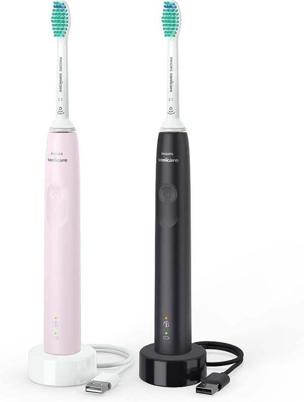 Sonicare 3100 系列声波电动牙刷(双包),带压力传感器和刷同步替换提醒器,HX3675/15,黑色和糖玫瑰