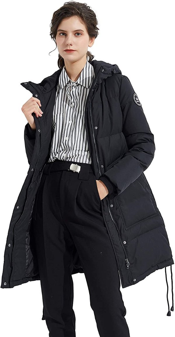 Women's Hooded Winter Down Coat Double Snap Puffer Jacket with Big Pockets