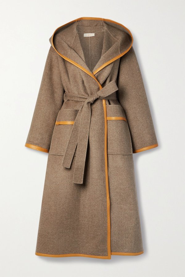 Hooded belted leather-trimmed wool-twill coat