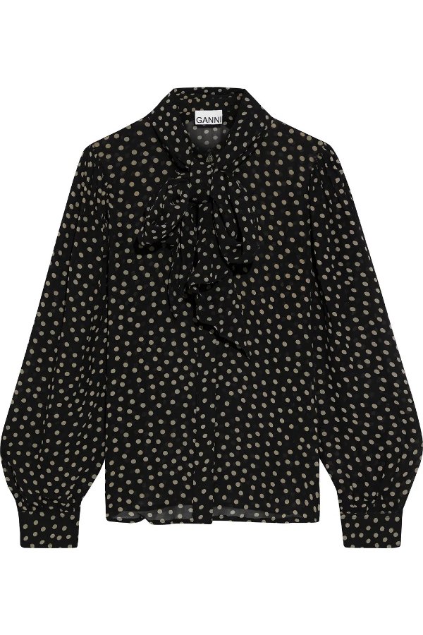 Tie-neck polka-dot georgette blouse