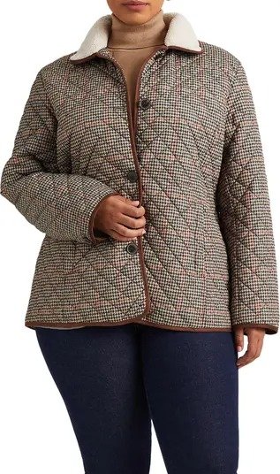 Quilted Houndstooth Jacket with Faux Shearling Collar