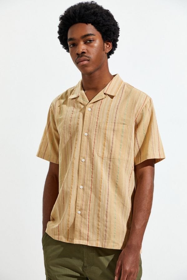 Textured Natural Stripe Short Sleeve Button-Down Shirt