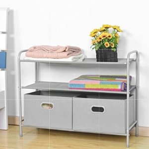Closet Storage Organizer Rack, MaidMAX 2nd Generation Clothes Organizer Collection with 3 Tier Shelves and 2 Collapsible Drawers, Silver Gray