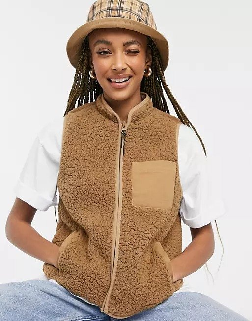 teddy vest with patch pocket in tan 