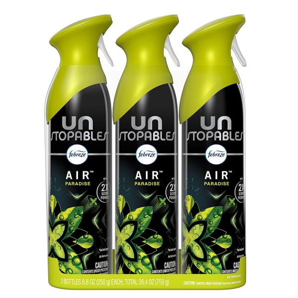 Febreze Air Freshener Spray, Unstopables Paradise, Odor Eliminator for Strong Odor, 8.8 Oz Pack of 3